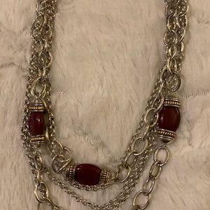 Vintage Silver Tone Layered Chunky Choker Necklace with Red Stones